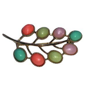 Vintage 1970s Sarah Coventry Candy Land Goldtone Leaf Pastel Cabochon Brooch Pin